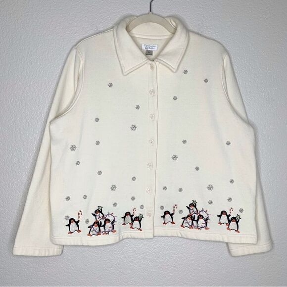 Christopher & Banks Button Down Snow Flakes Penguin Fleece Jacket - Picture 1 of 12